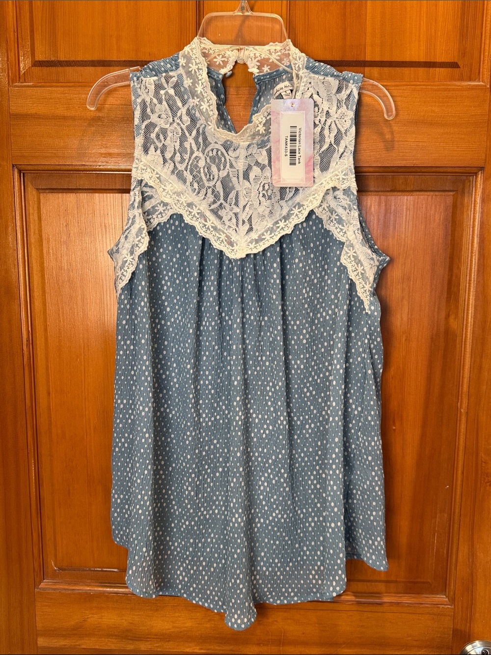 NWT Silver & Lace Boutique Victorian Blue Polka Dot & Lace Sleeveless Top Small